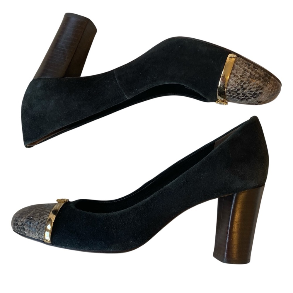 Tory Burch Pacey Black Suede Snake Cap Toe Block Heel Pumps Women’s 7